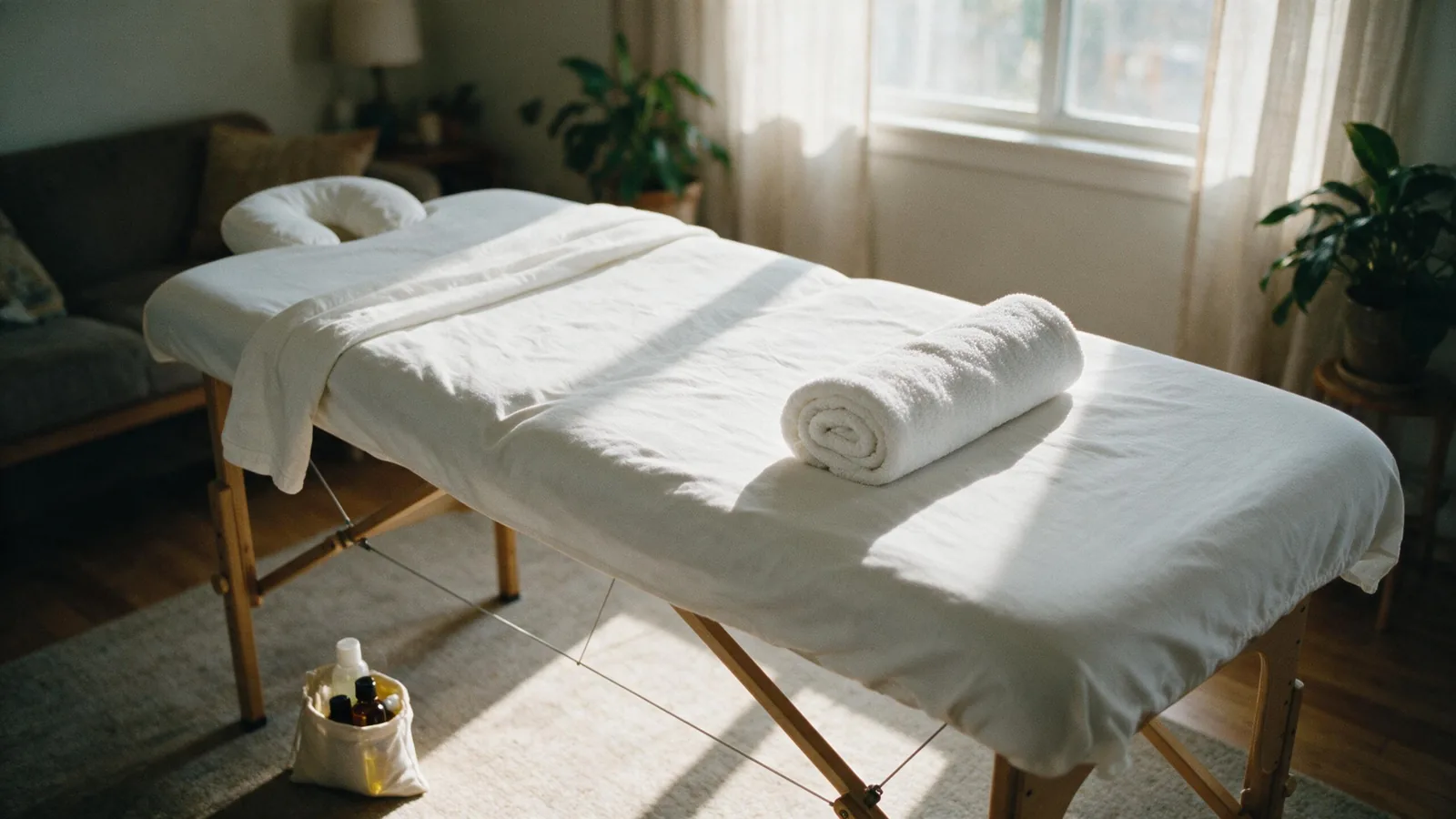 Maca portátil montada numa sala de casa, pronta pra sessão de massagem a domicílio