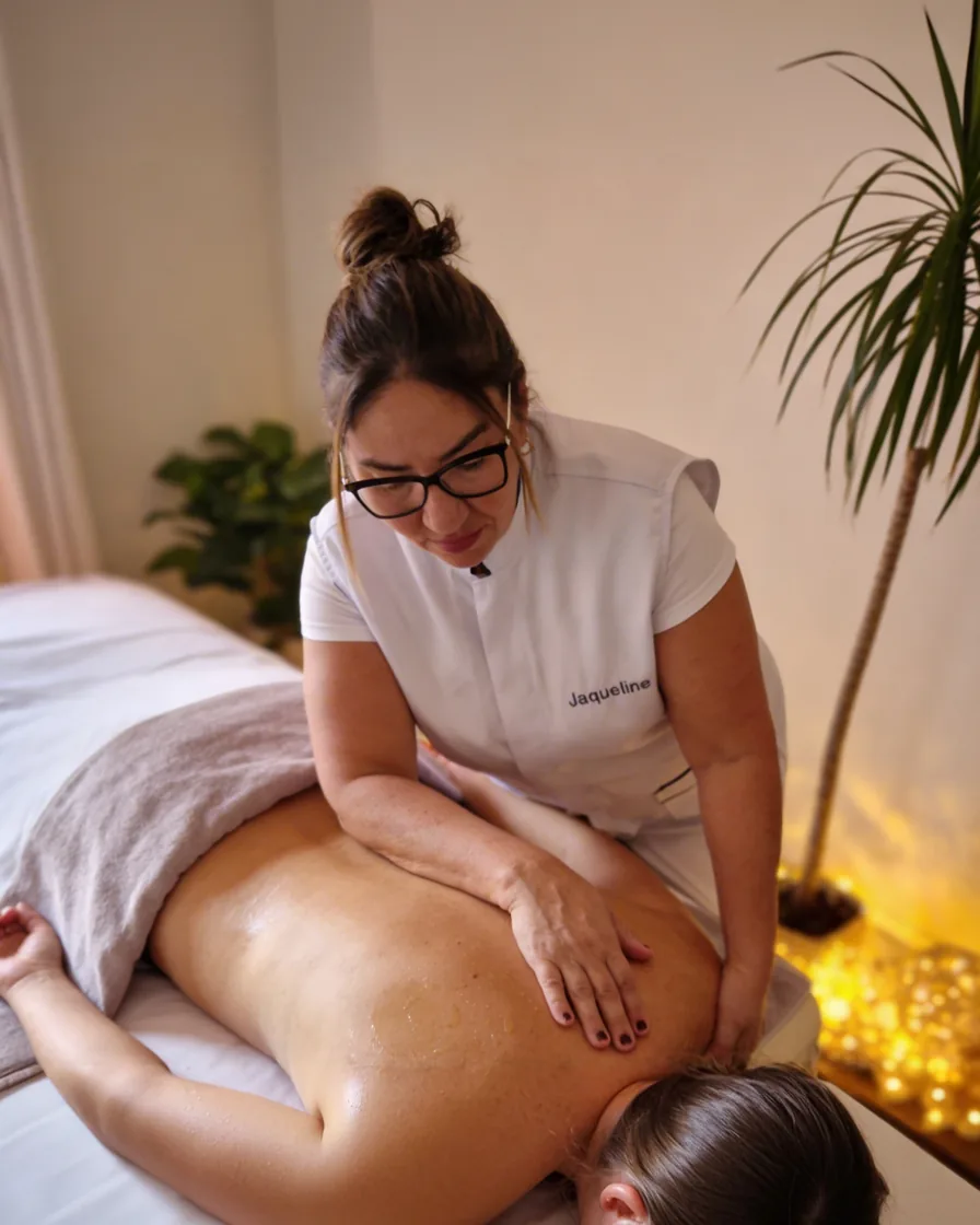 Jacqueline aplicando massagem nas costas à luz de velas, para aliviar a tensão da rotina, no Batel, Curitiba