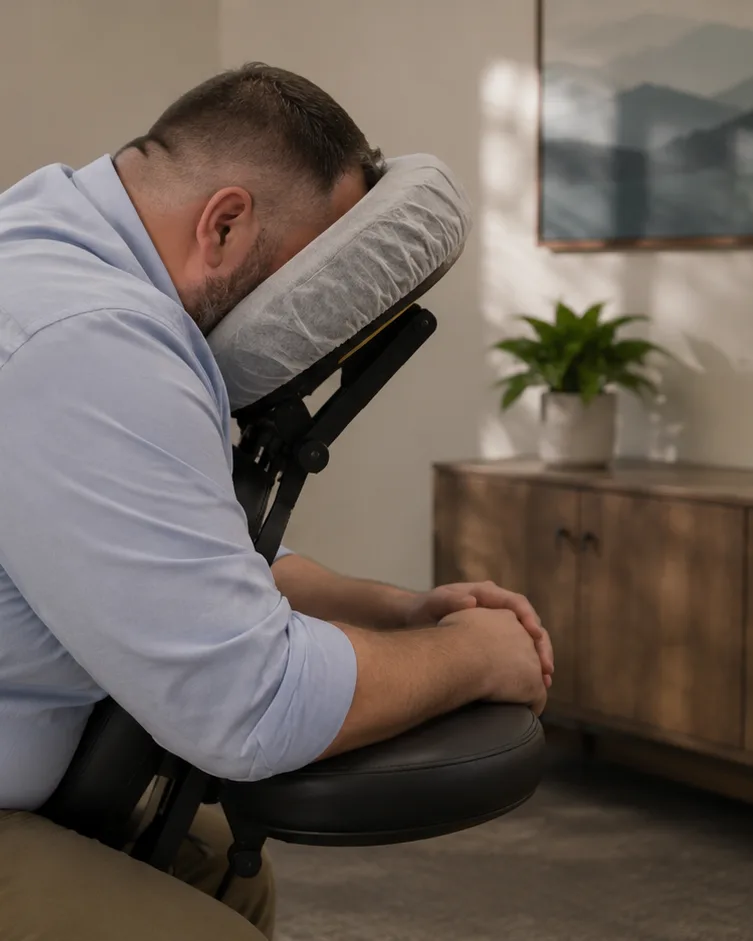Quick massage em escritório, colaborador atendido na cadeira durante o expediente
