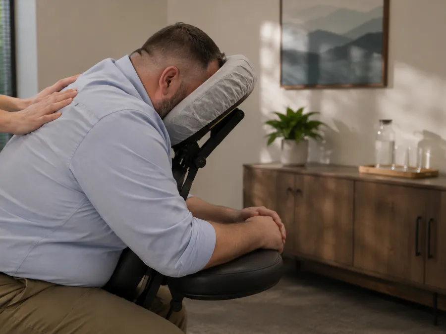 Quick massage em escritório, colaborador atendido na cadeira durante o expediente