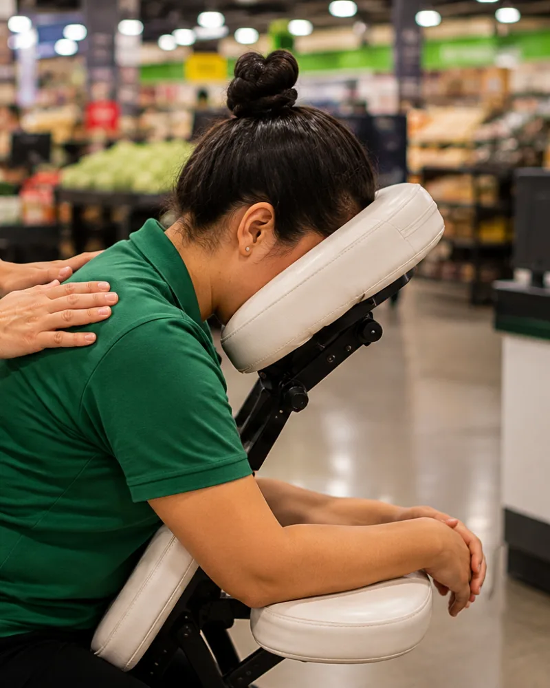Quick massage em loja, funcionária atendida na cadeira no rodízio de turno