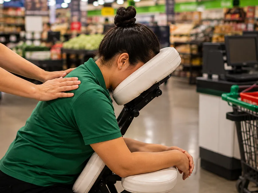 Quick massage em loja, funcionária atendida na cadeira no rodízio de turno