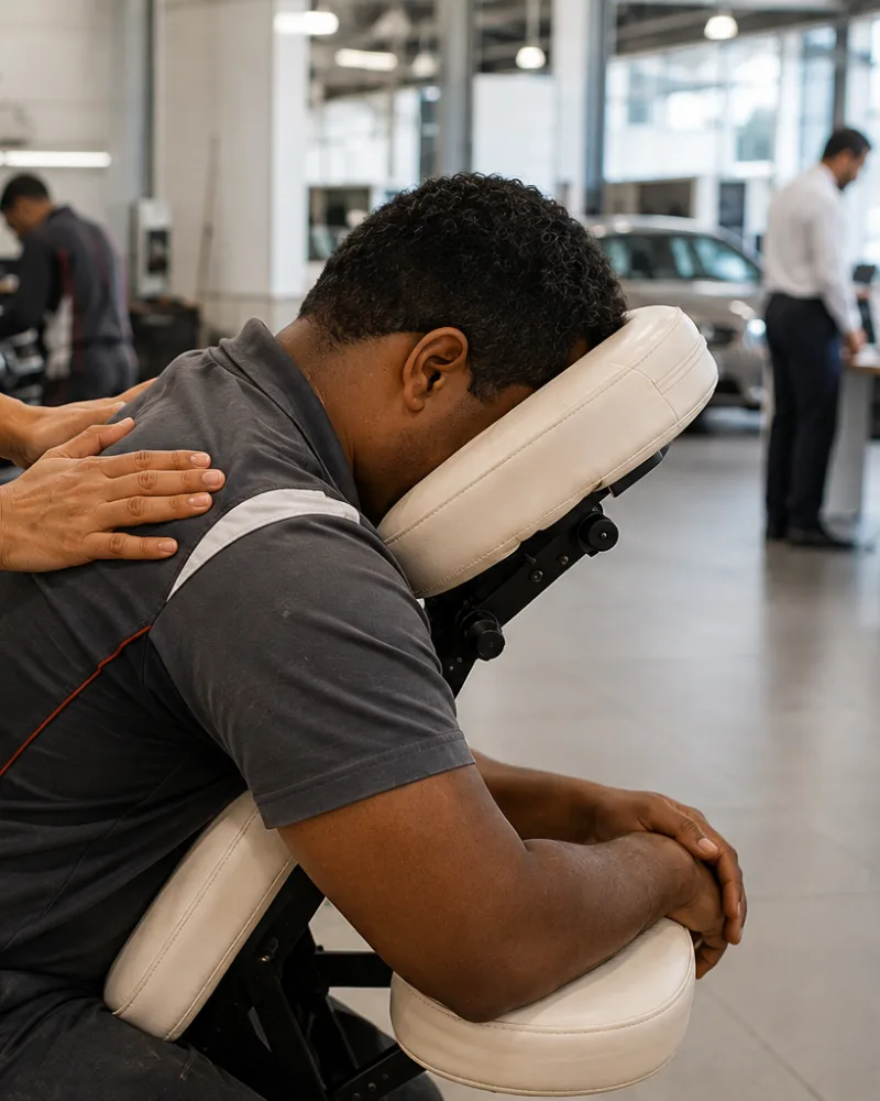 Quick massage em concessionária, colaborador atendido na cadeira perto da oficina
