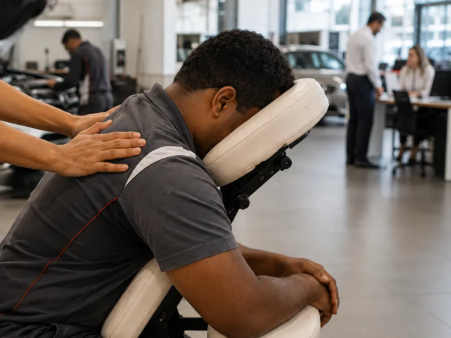 Quick massage em concessionária, colaborador atendido na cadeira perto da oficina