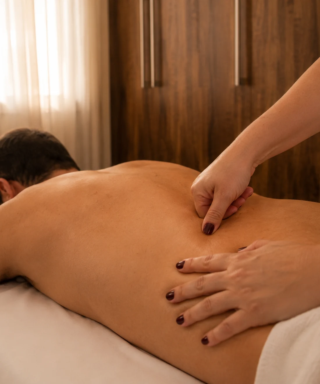 Sessão de shiatsu na sala da Essência do Cuidar, com as mãos trabalhando as costas e a luz da cortina ao fundo