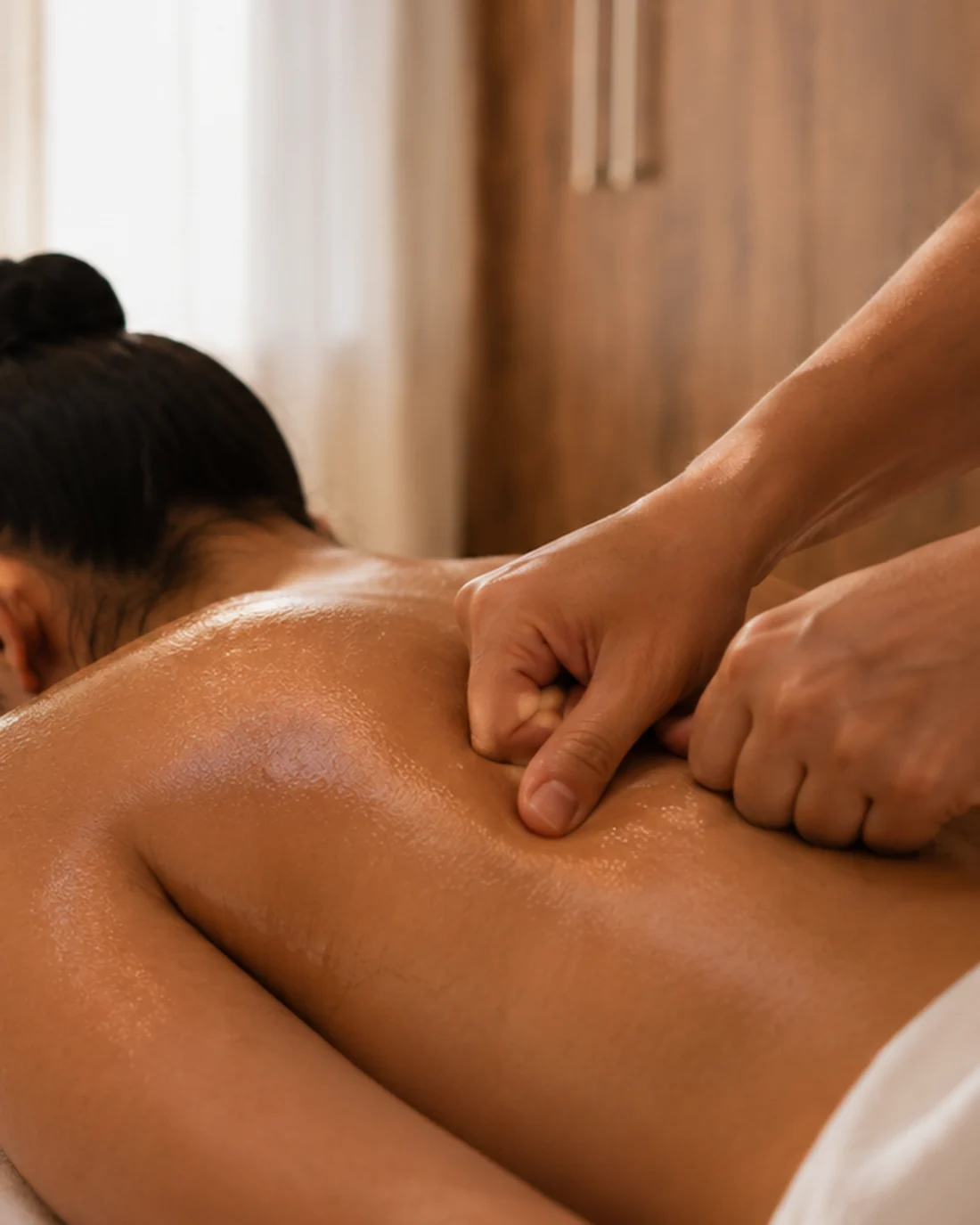 Pressão firme com o nó dos dedos num ponto específico das costas durante uma massagem terapêutica
